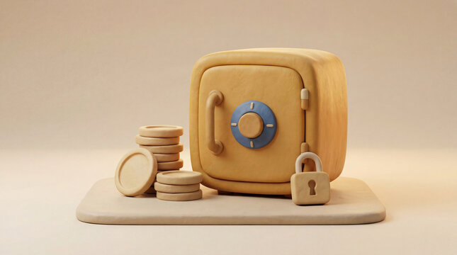Clay safe with coins beside it, symbolizing security and savings