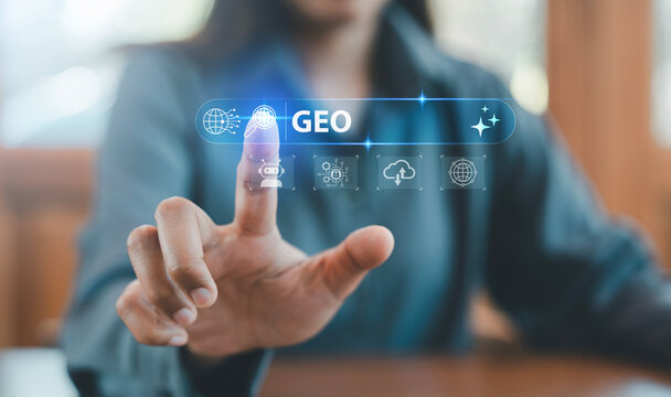 Businesswoman hand touching virtual GEO Generative Engine Optimization search bar interface with AI chatbot and cloud data icons, Search Generative Experience SGE, User Digital marketing, AI Assistant