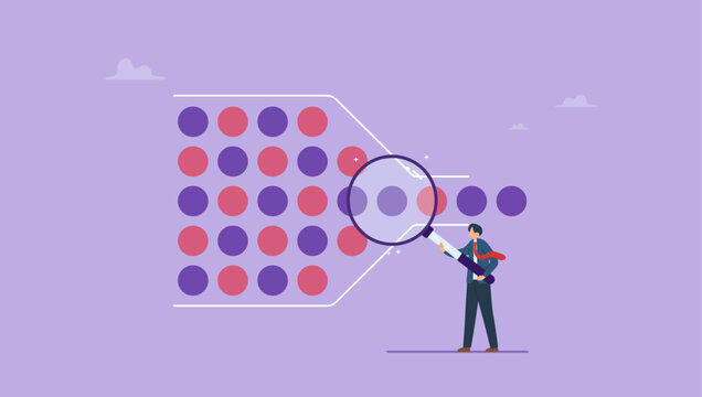 Businessman with magnifying looking at bottlenecking. Bottleneck make business run slow, struggle workflow or busy point make project delay, trouble flow, analysis, control and workflow improvement.