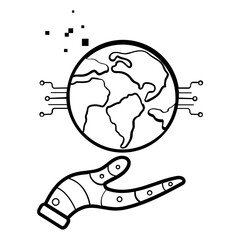 robotic hand holding digital earth concept, global ai impact vector icon design, connected world through artificial intelligence stock illustration