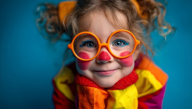 Joyful Young Girl Wearing Colorful Costume with Red Nose and Orange Glasses Smiling Playfully