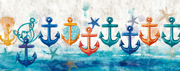 Hand-painted watercolor nautical symbols repeating on textured paper background 32k ultra HD