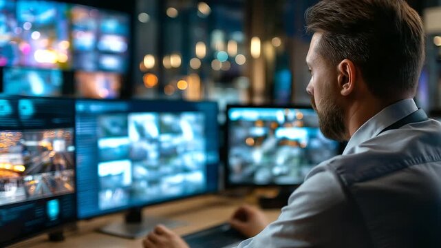 Faceless security officer monitoring multiple surveillance feeds, control room CCTV screens, cybersecurity operations, crime prevention technology, emergency response center, with