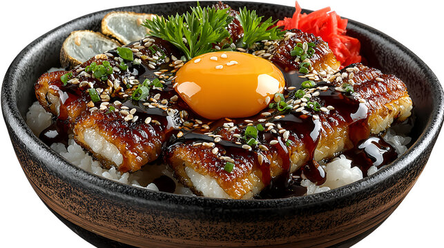 Grilled eel sushi bowl with egg sauce sesame seeds and rice isolated on transparent white background