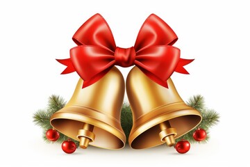Golden bells with a festive red bow and green pine branches featuring small red baubles