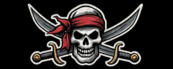 Happy pirate skull badge with rounded swords and clean outlines 32k ultra HD