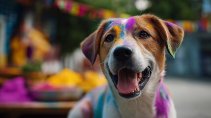 Fototapeta premium Pet animal stained with festival paints outdoors domestic companion covered in colorful powder shown spring celebration with animal participation visible outdoor festive environ