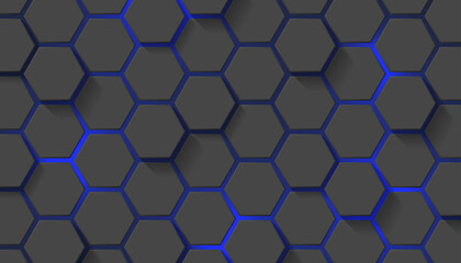 Abstract technology-style background with three-dimensional hexagonal patterns and blue neon light.