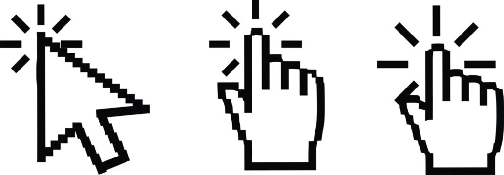 Set of pixelated computer cursor arrow and hand click icons isolated on white background representing digital navigation user interface and web interaction.