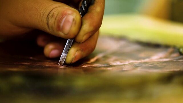 Artisan Engraving Copper with Burin Tool - Traditional Metalcraft