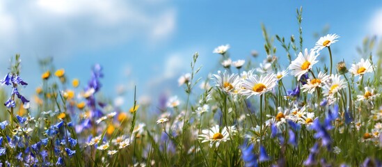 Field of daisies and bluebells under a bright, sunny blue sky. Wildflowers in bloom