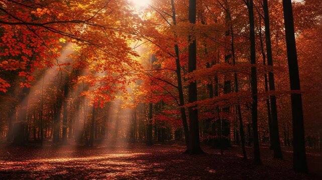 Autumn forest with golden rays of sunlight through the trees  