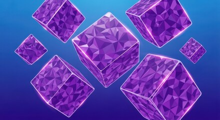 Floating purple faceted cubes with glowing outlines against blue