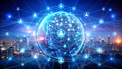 Obraz premium Digital globe with interconnected nodes and human icons, representing global network, big data, and artificial intelligence in a city skyline.