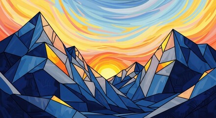Geometric mountain landscape with vibrant sunrise or sunset sky