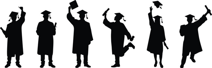 Black silhouette of happy graduates celebrating graduation ceremony, students wearing academic caps and gowns holding diplomas, isolated on white background,