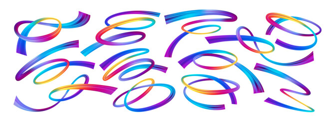 Rainbow gradient flow set isolated on white background. Colorful wave ribbons with dynamic brush strokes create modern abstract design elements perfect for posters