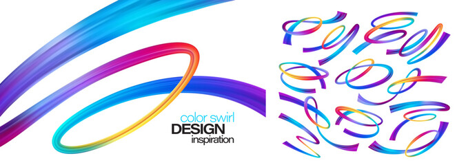 Vibrant gradient ribbons in rainbow colors flow gracefully. Abstract wave patterns with fluid brush strokes form eye-catching design elements for creative projects