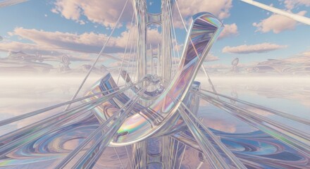 Futuristic iridescent glass bridge in surreal abstract alien landscape