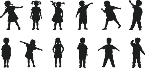 Fototapeta premium Full length black silhouette of happy children playing and standing in various poses, young boys and girls group isolated on white background,