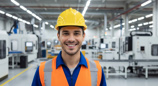 Smiling industrial worker in safety gear standing in a modern factory.