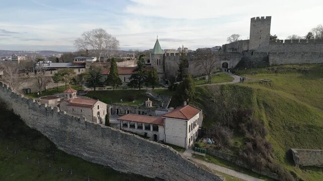 Title: Aerial drone view of Kalemegdan Fortress in Belgrade, showcasing its ancient walls and the iconic Church of Saint Petka (Crkva Svete Petke) within the complex. Belgrade,Serbia 09.02.2026

