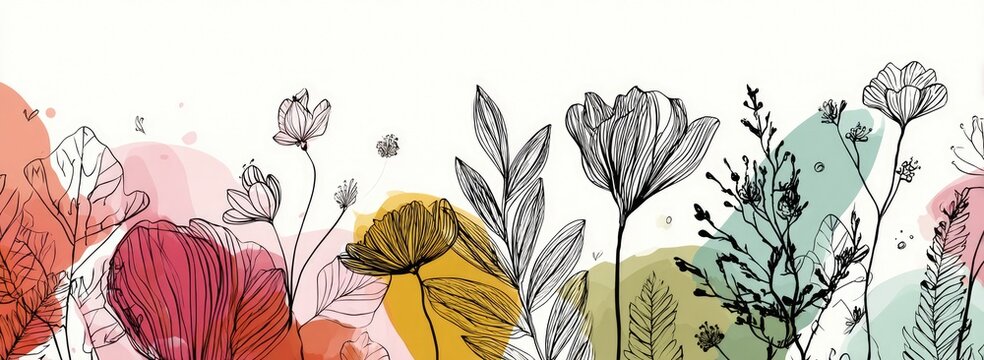 Floral design with line art and watercolor effect, a colorful nature image