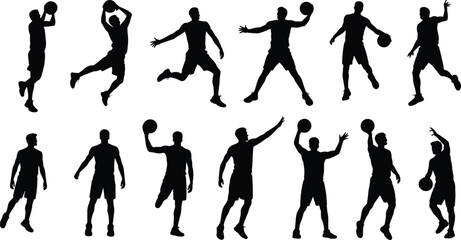 Set of professional basketball player silhouettes featuring athletes jumping, dunking, shooting, dribbling, and performing various high energy sports action movements, © Jakiatur