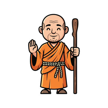 Cartoon Monk With Staff Waving Hello