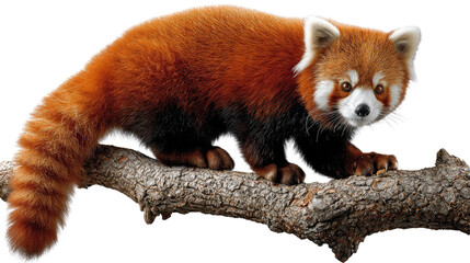 Obraz premium Red Panda on Branch: An adorable red panda, with its vibrant auburn fur and playful gaze, perches gracefully on a sturdy tree branch. A testament to nature's beauty and the allure of the wilderness.