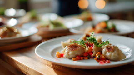 Close up plate of traditional dumplings on wooden table culinary dish with festive food presentation shown cultural cuisine with traditional preparation visible dining