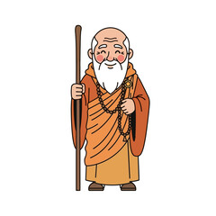 Obraz premium Happy Cartoon Monk Holding a Staff and Prayer Beads