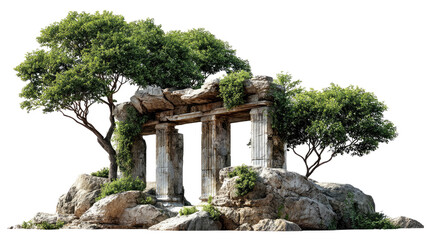 Obraz premium Ancient Ruin Embraced by Nature: A weathered, ancient stone structure, once a testament to human endeavor, is now delicately embraced by the patient hands of nature.