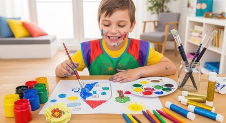 Happy boy painting colorful picture with messy face at home