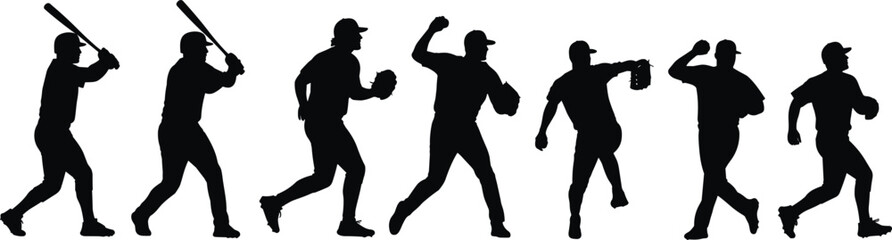 Obraz premium Silhouette sequence of baseball player pitching and batting isolated on white background, sports action concept dynamic movement illustration