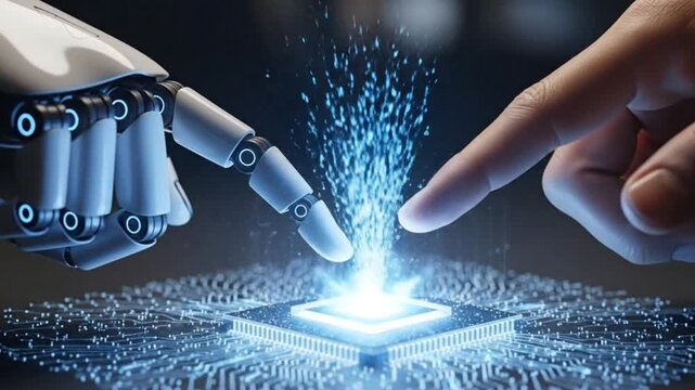 Artificial Intelligence Human and Robot Finger Touching Digital Chip | Future Technology, AI Innovation, Human Machine Connection, Advanced Robotics, Neural Network Concept