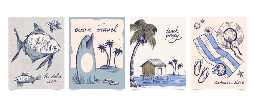 Vintage sketch beach postcards set with palm trees, striped towel, hut and surfboard. Vector illustration of tropical sea coast, summer paradise posters with retro hand drawn landscapes, t-shirt print