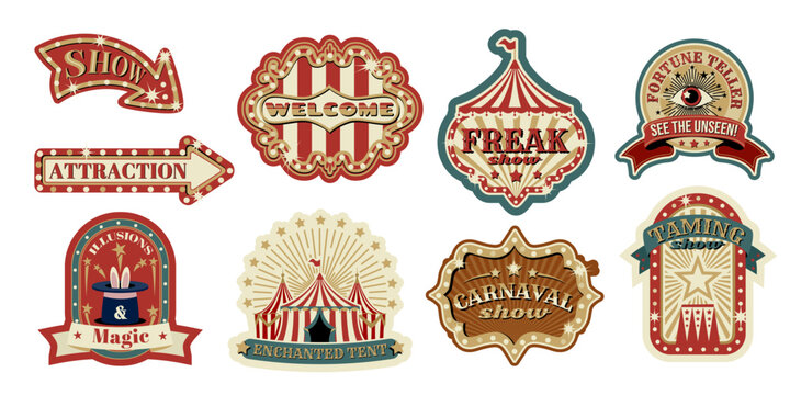 Vintage circus sign or emblems cartoon vector isolated illustrations. Striped red white marquee or tent, bunny in hat in retro carnival frame. Classic fair poster design with arrows, decorative banner