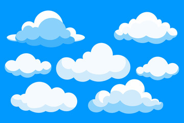 A collection of white and blue cartoon clouds on a blue background