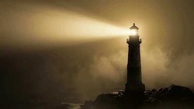 Lighthouse beacon shining light through thick fog at night