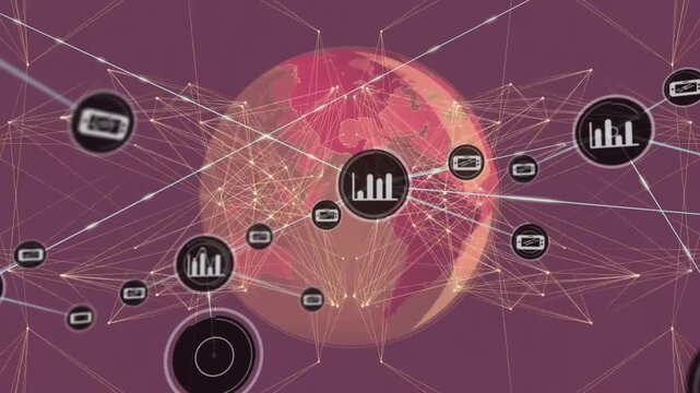 Luminous spherical mesh appearing on plum backdrop spawning icons, joining lines, mapping network