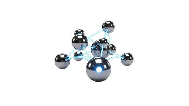 Network of interconnected metallic spheres with glowing blue lines 