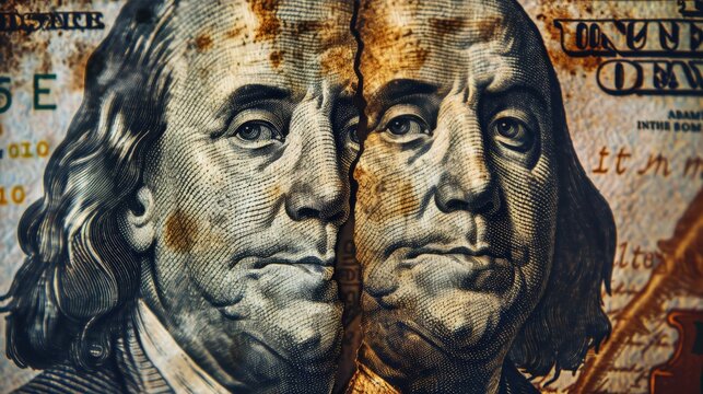 This close-up showcases a heavily worn hundred-dollar bill, emphasizing the fine details of Benjamin Franklin\'s portrait along with noticeable signs of age and texture