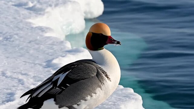 Merganser duck preening feathers on snow by cold ocean water