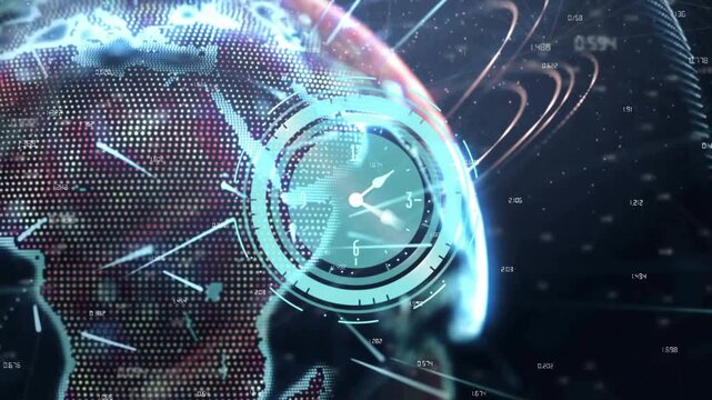 HUD appearing over dotted globe, rings pulsing, hands rotating, streaks sweeping for regional data