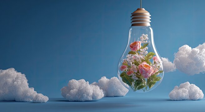 A lightbulb with flowers suspended in the glass, surrounded by fluffy white clouds