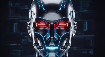Futuristic robot head with glowing red eyes and blue neon lines