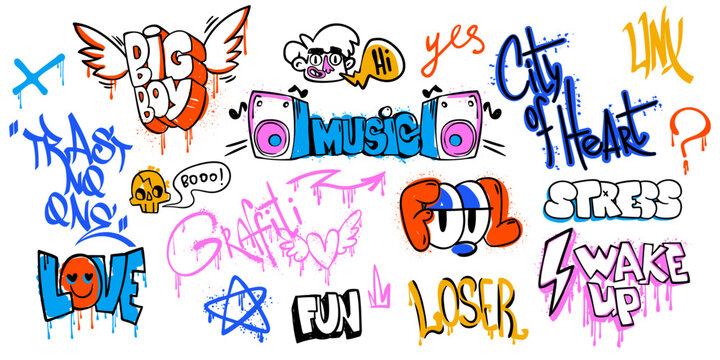 Street art doodles with rap music symbols, city graffiti tags, and urban spray paint elements in retro colors isolated on white background. Artistic hip-hop culture vector patterns, wall design