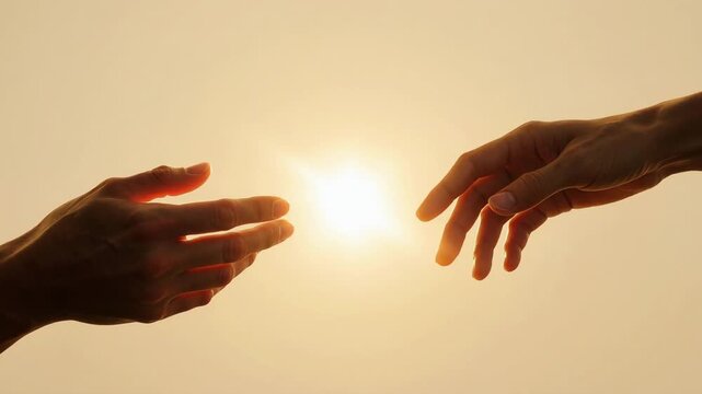 Silhouette of hands reaching out and touching at sunset