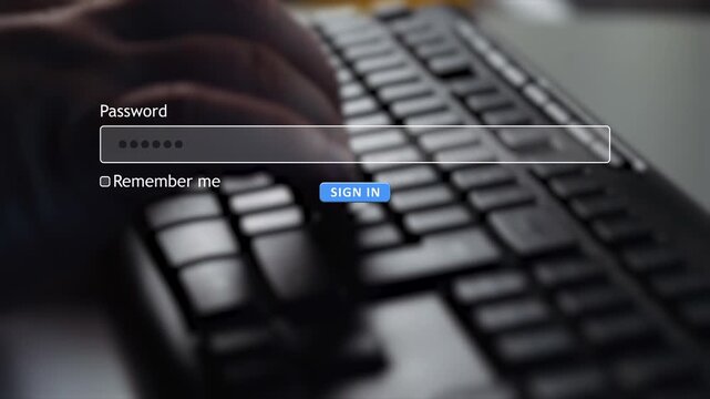 A person types a password into a form box on a website using a computer keyboard. The screen shows the password entry and a sign-in button.